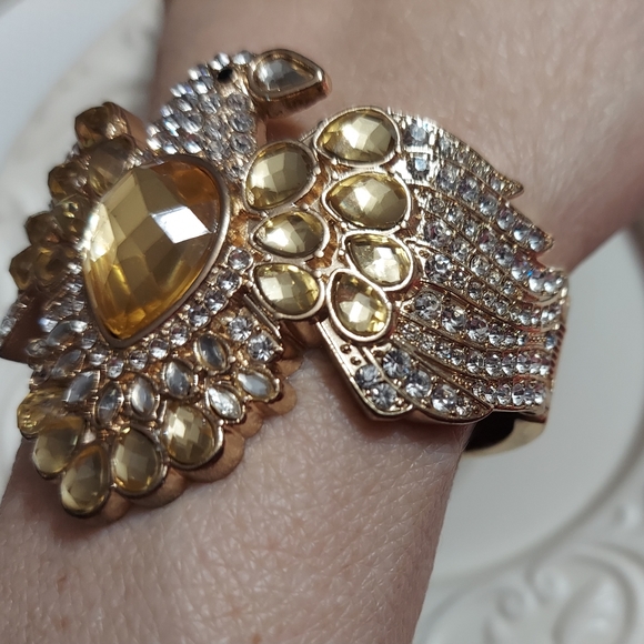 Textured Golden Eagle Hinged Cuff/Faceted Cut Crystal & Pave' Bracelet - Picture 2 of 8
